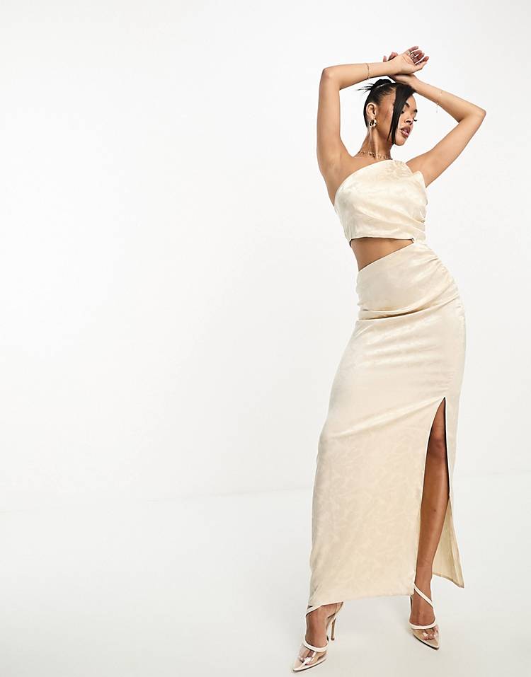 Vesper satin one shoulder cut out maxi dress in cream jacquard